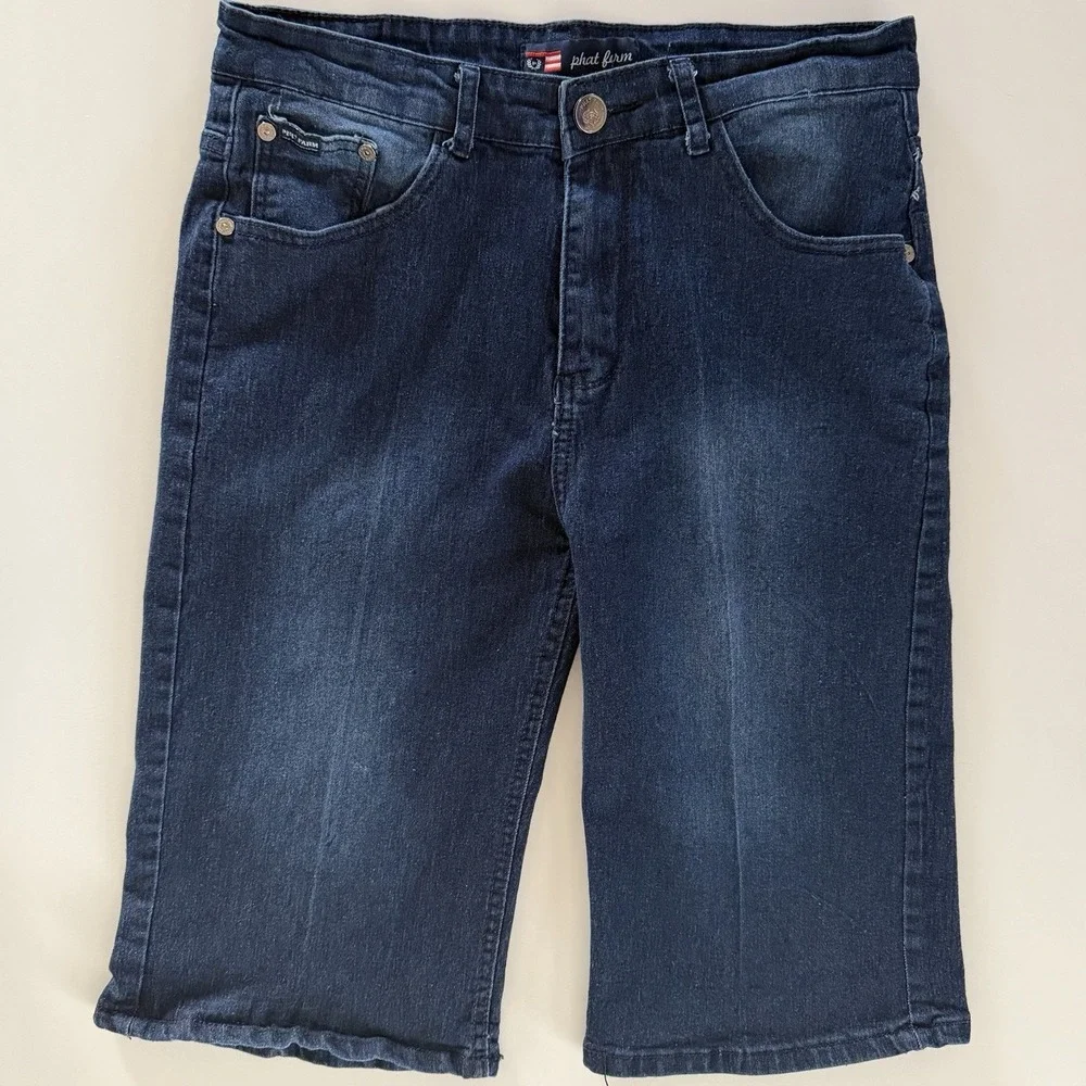Phat Farm Vintage Y2K Denim Shorts Mens 30 Baggy Long‎ Bermuda Dark Wash
